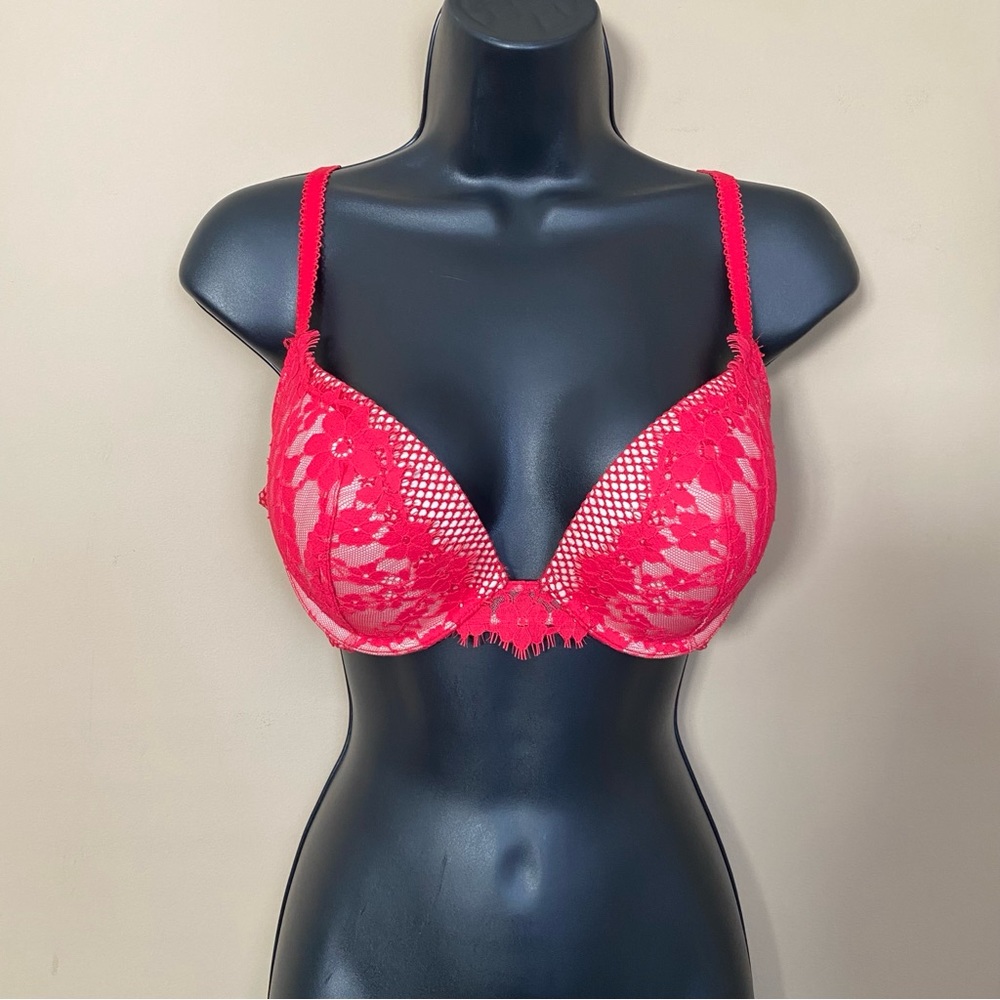 Victoria’s Secret Hot Pink Floral Lace Overlay Nude Bra
